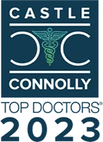Logo for Castle Connolly Top Doctors 2023, featuring a stylized medical caduceus symbol in teal on a dark blue background.