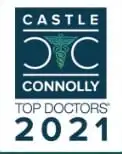 Logo with text: Castle Connolly Top Doctors 2021 featuring a caduceus symbol in the center.